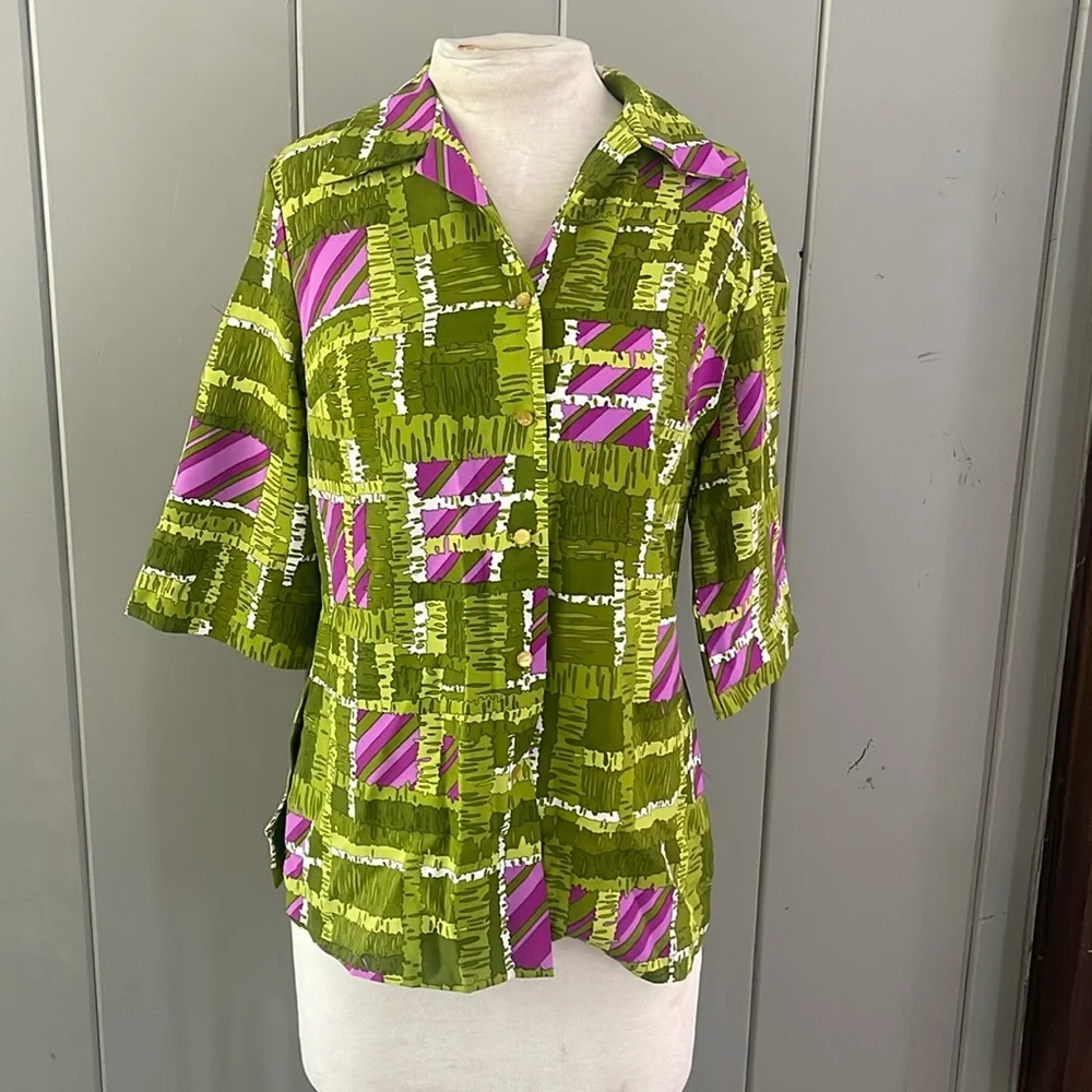 Pykettes Blouse Green Purple Vintage 60s 70s Mod Boho Hippie Retro Geometric